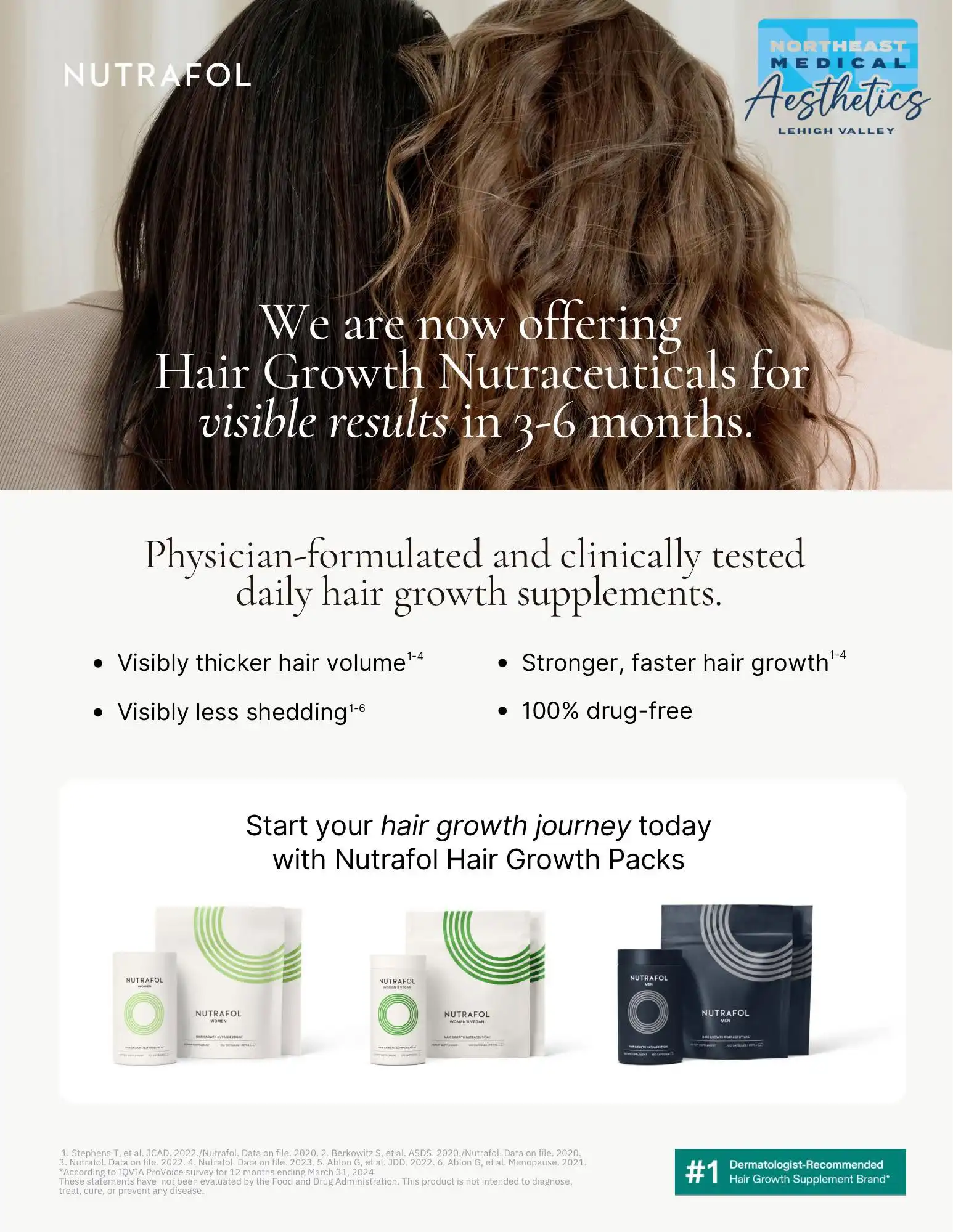Now Offering: Nutrafol Hair Growth Supplements Shedding or losing hair due to hormones, aging, GLP1 medications/weight loss or other health condition? Nutrafol is the #1 recommended hair growth supplement, now available in office or order online.